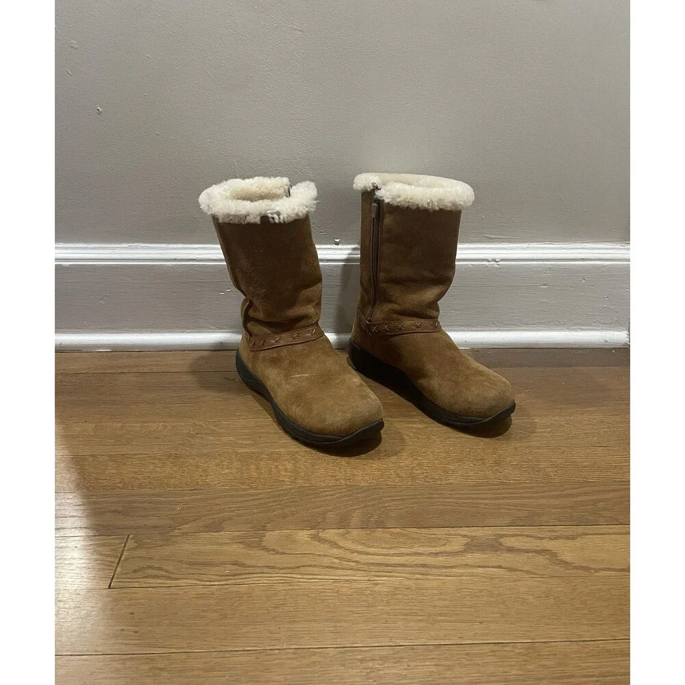 L.L. Bean Women Brown Leather/Suede Shearling Lined Mid Calf Boot Side Zip Sz 6